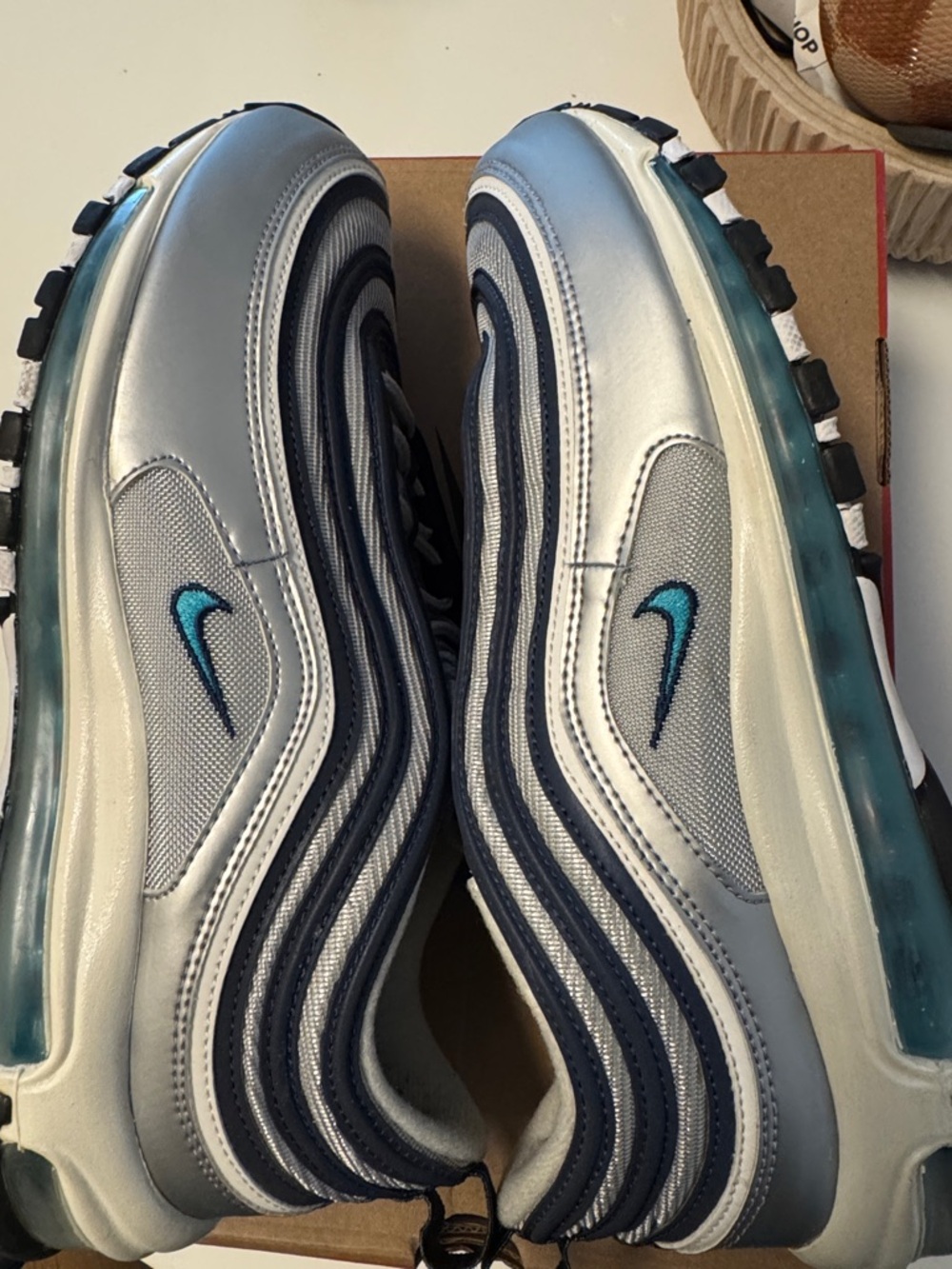 Nike Air Max 97 OG Silver and Navy Air Max 97 with Teal Swoosh Size 11.5